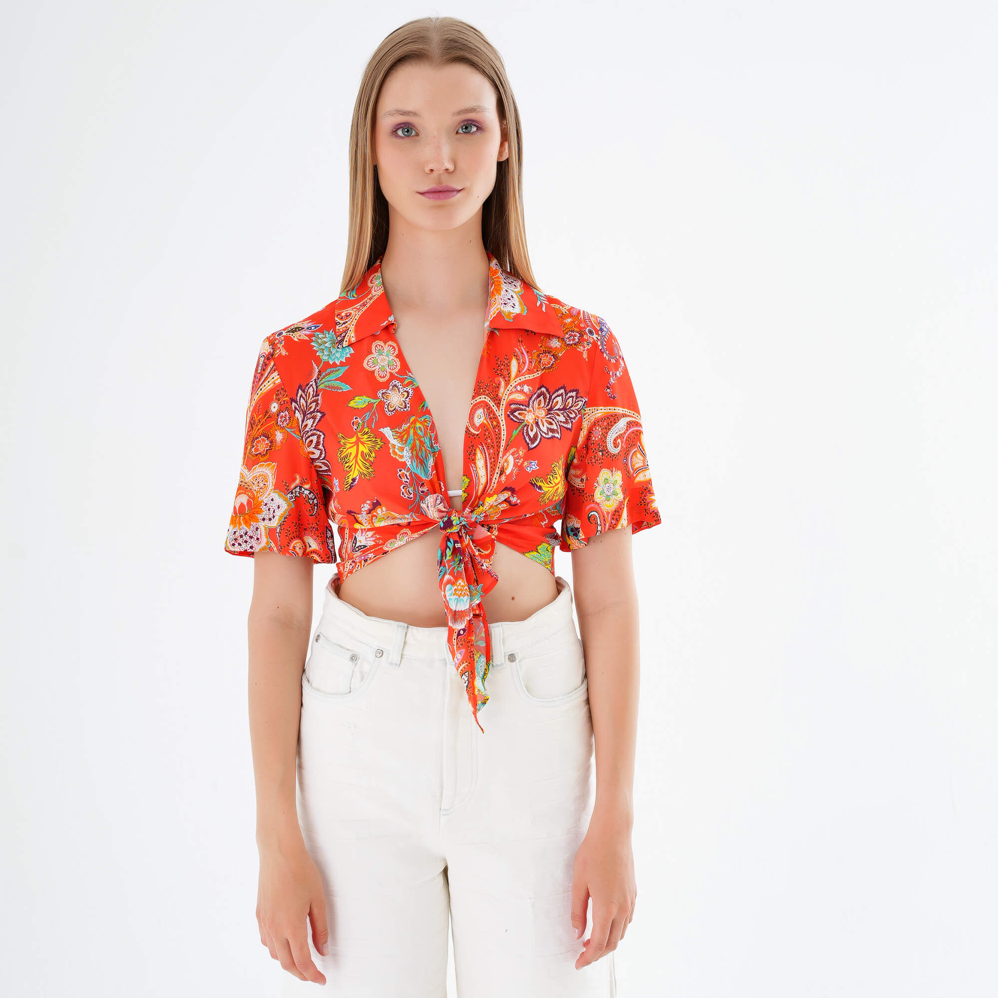 Etro - Orange Paisley Silk Cropped Blouse IT42